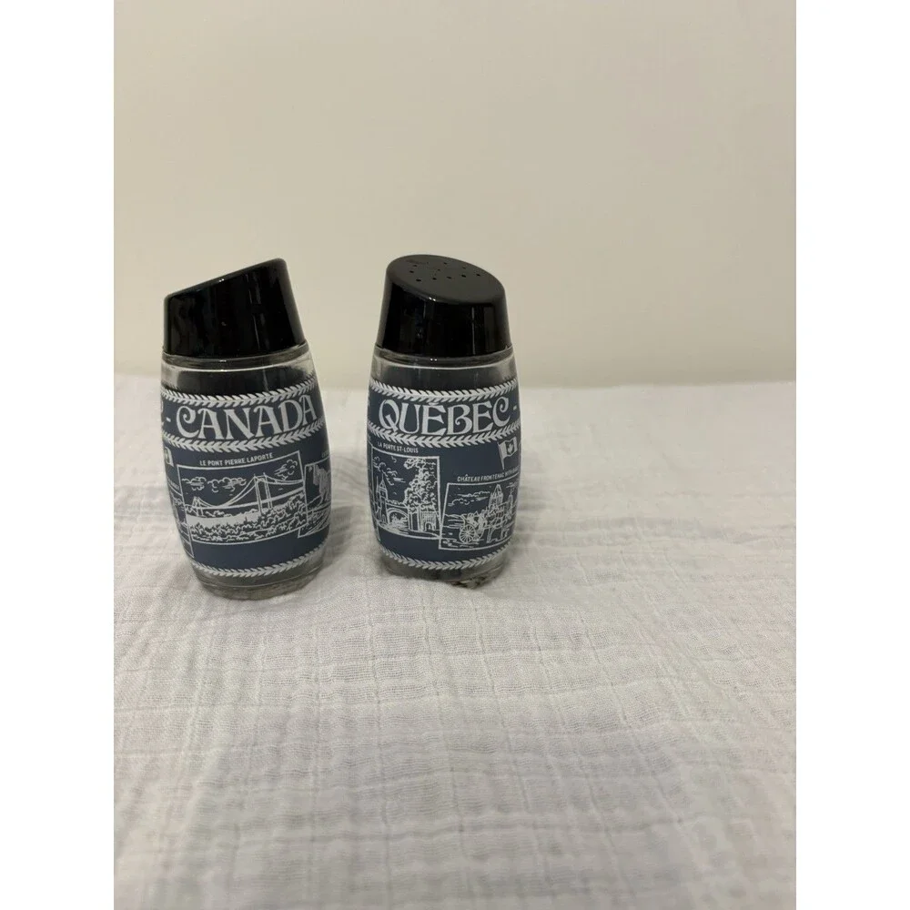 Quebec Canada Glass Salt and Pepper Shakers Blue with White Landmarks